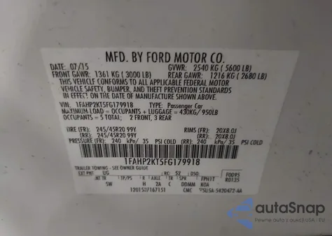 2015 Ford Taurus Sho из США, поврежденный, VIN 1FAHP2KT5FG179918